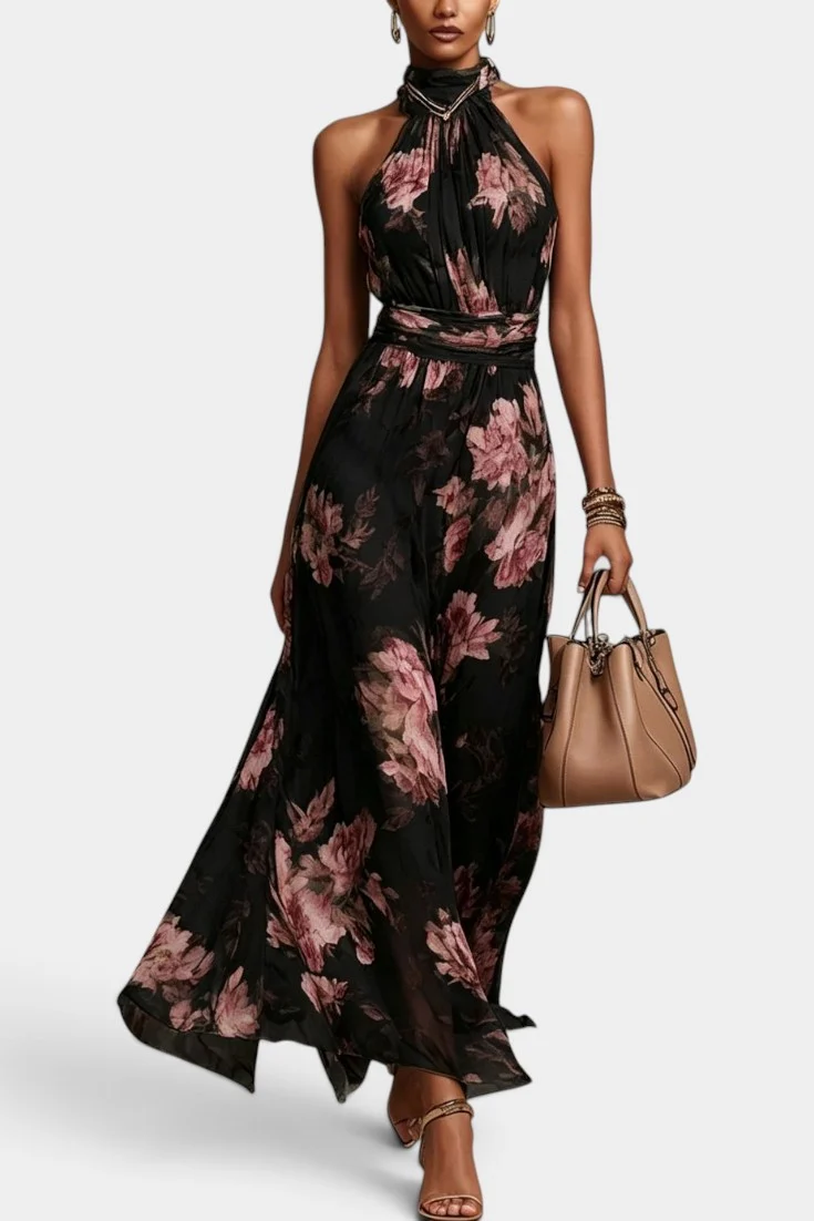 Elegant Halter Neck Floral Print Maxi Dress With Ruched Waist & Asymmetrical Hem