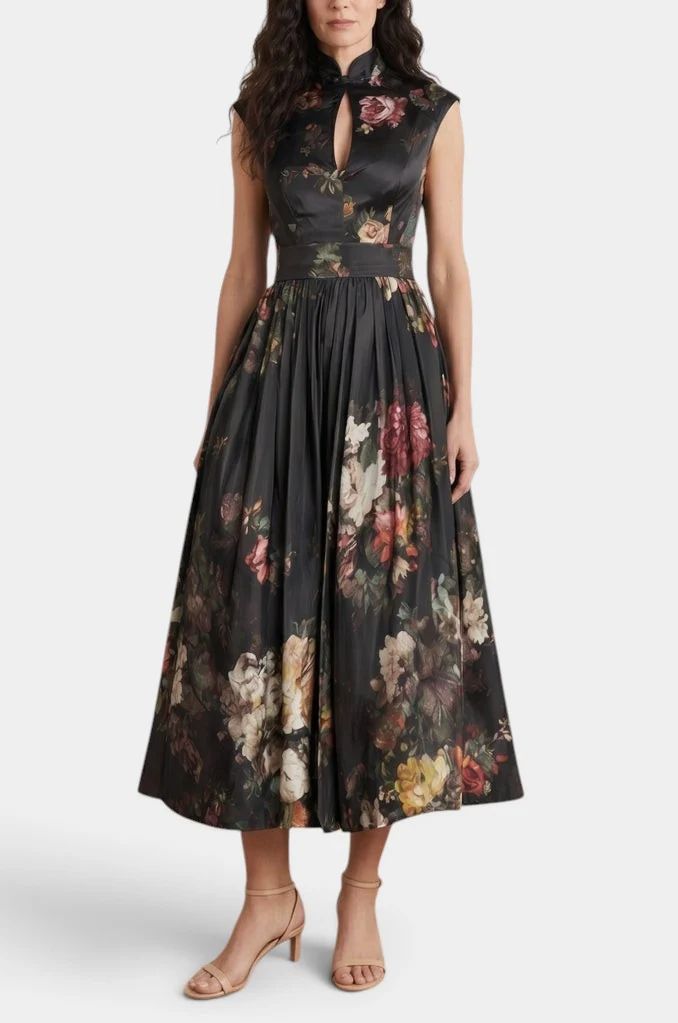 Abito midi vintage a fiori senza maniche, con scollo a goccia e cintura larga