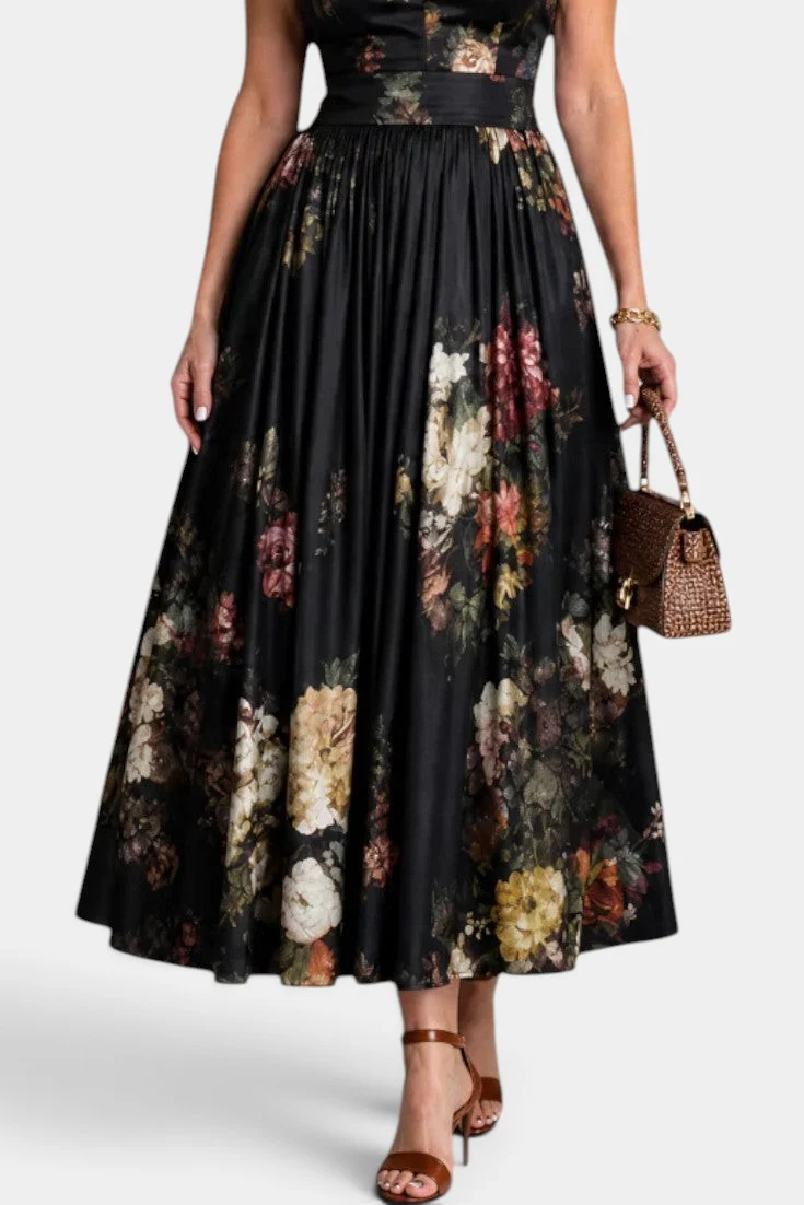 Abito midi vintage a fiori senza maniche, con scollo a goccia e cintura larga