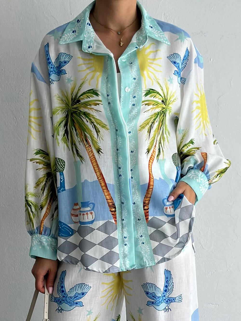 Unique Seaside Palm Tree Print Loose Button-Down Oversized Shirt
