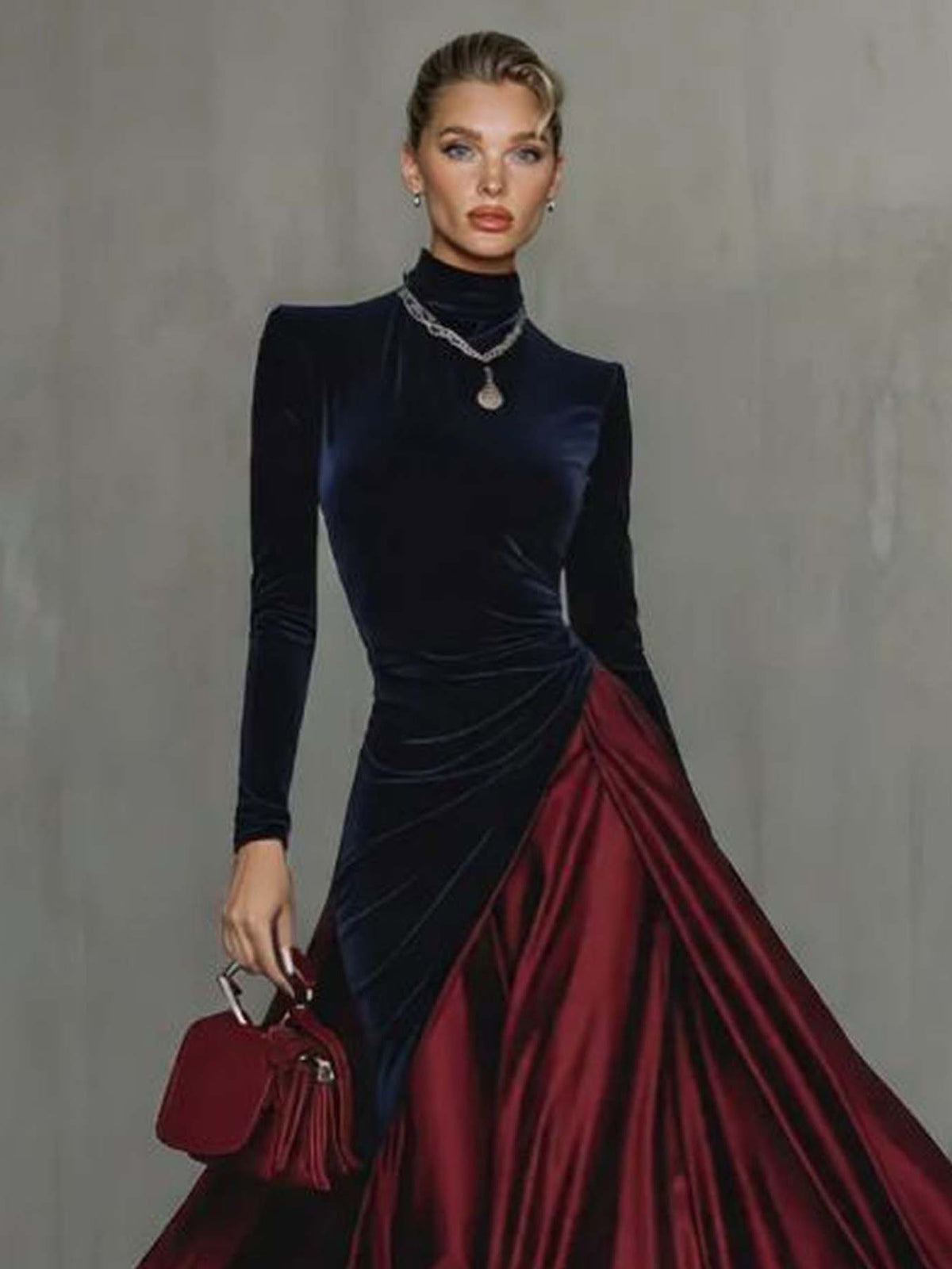 Elegantes Maxikleid aus Samt und Satin im Color-Blocking-Design