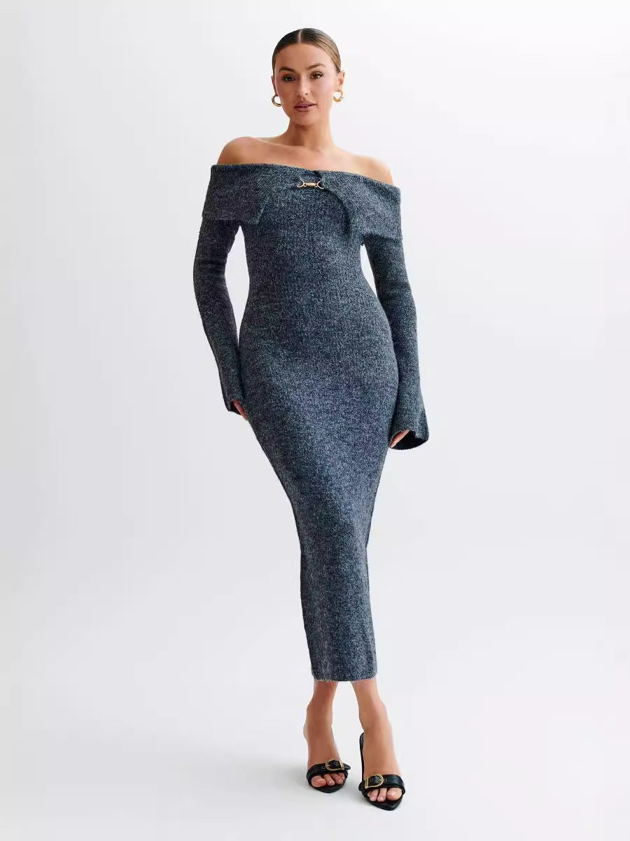 Off-the-shoulder knitted sweater dress, form-fitting, hip-hugging style.