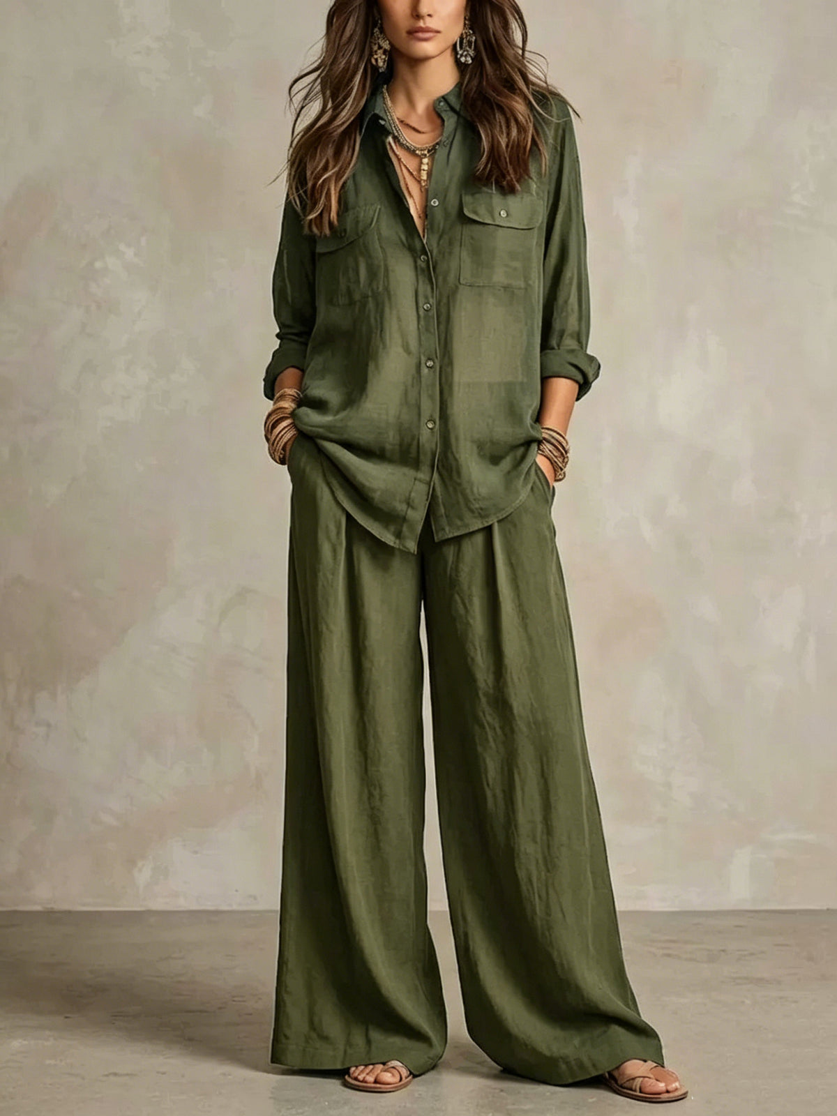 Conjunto de dos piezas de camisa oliva con bolsillos y pantalones de pierna ancha