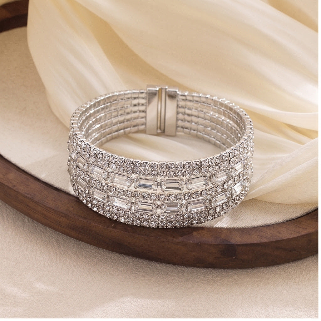 Cross-border Heavy-duty Wide-style Zircon Bracelet—sparkling Zircon Embellishments To Complement Evening Gowns.