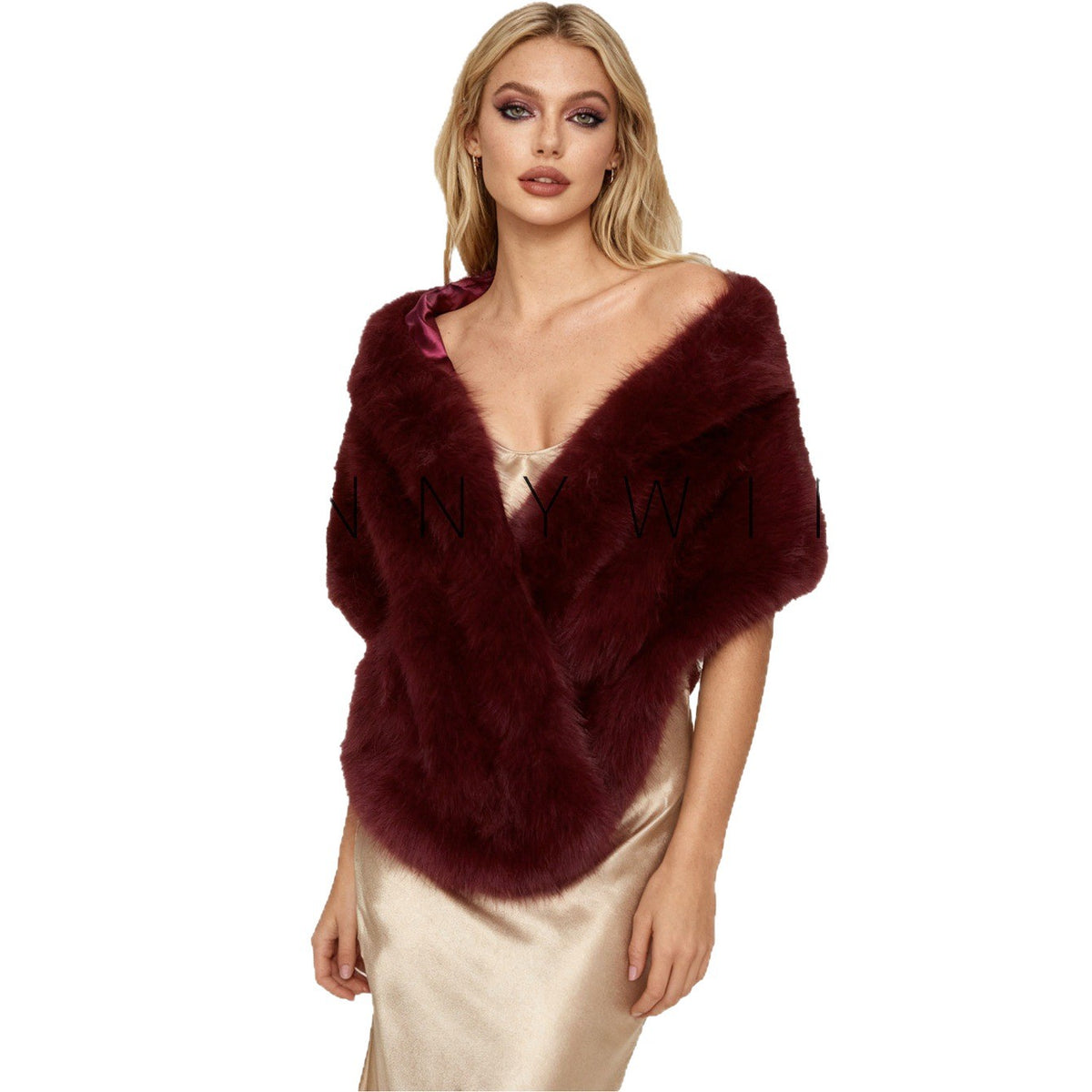 Stylish and elegant faux fur-collared shawl for evening party gowns.