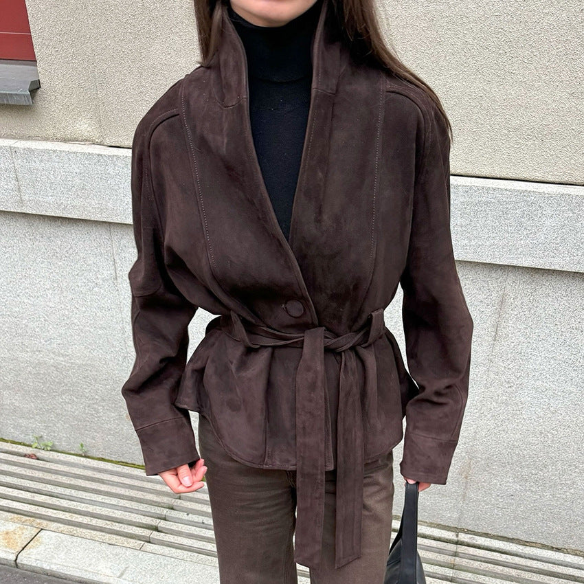 Women's Autumn/Winter Vintage-Style Faux Suede Jacket with Belt – Long-Sleeved, Brushed Finish