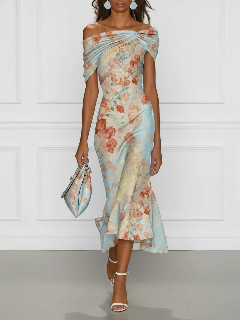 Floral Print Off‑Shoulder Midi Dress Women Twisted Knot Fishtail Satin Party Dress