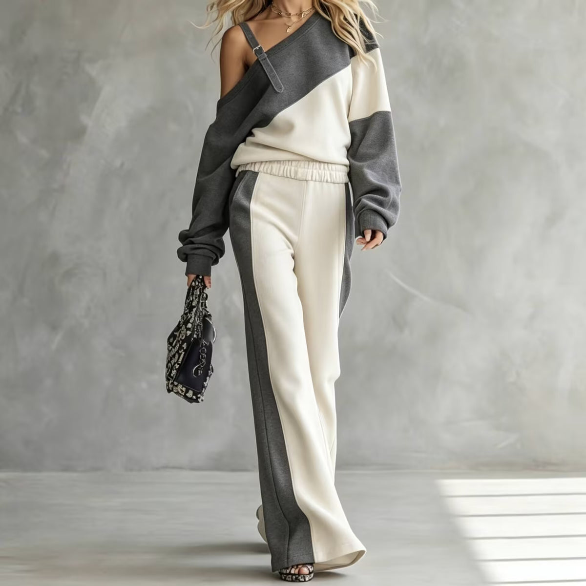 Color‑Block Off‑Shoulder Sweatshirt & Wide Leg Pants Set Women Casual Two‑Piece Outfit