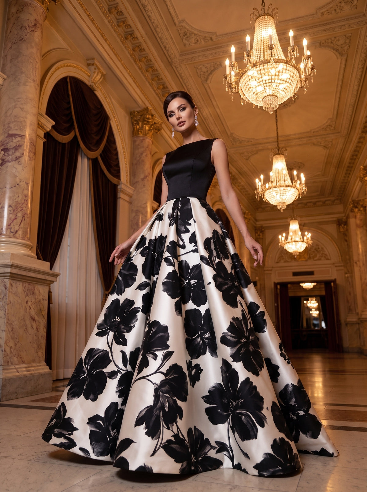 Maxikleid in Ballkleidform aus schwarzem Satin mit Blumenprint und U-Boot-Ausschnitt