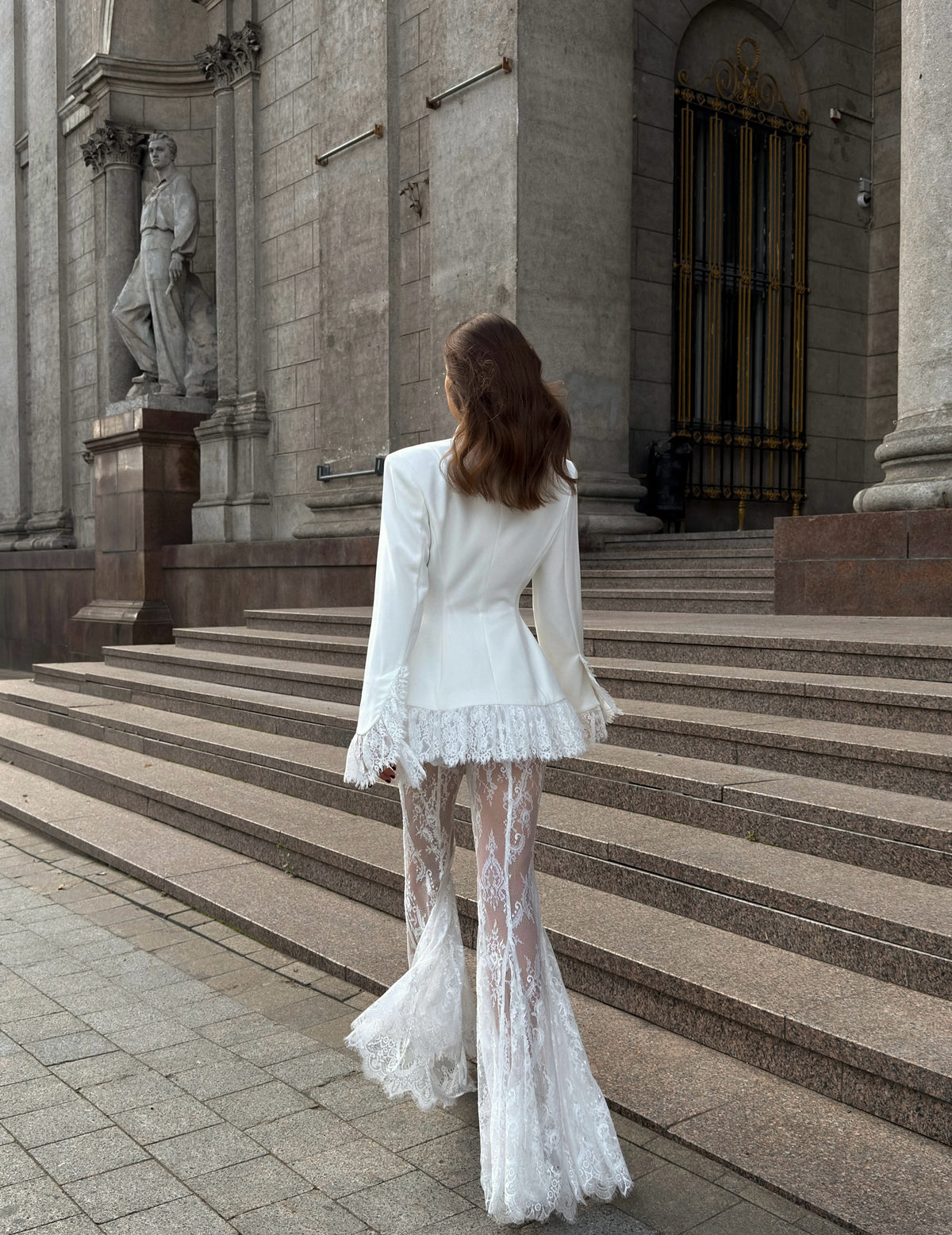 V-Neck Fitted Blazer & Sheer Lace Flare Pants 2 Piece Set