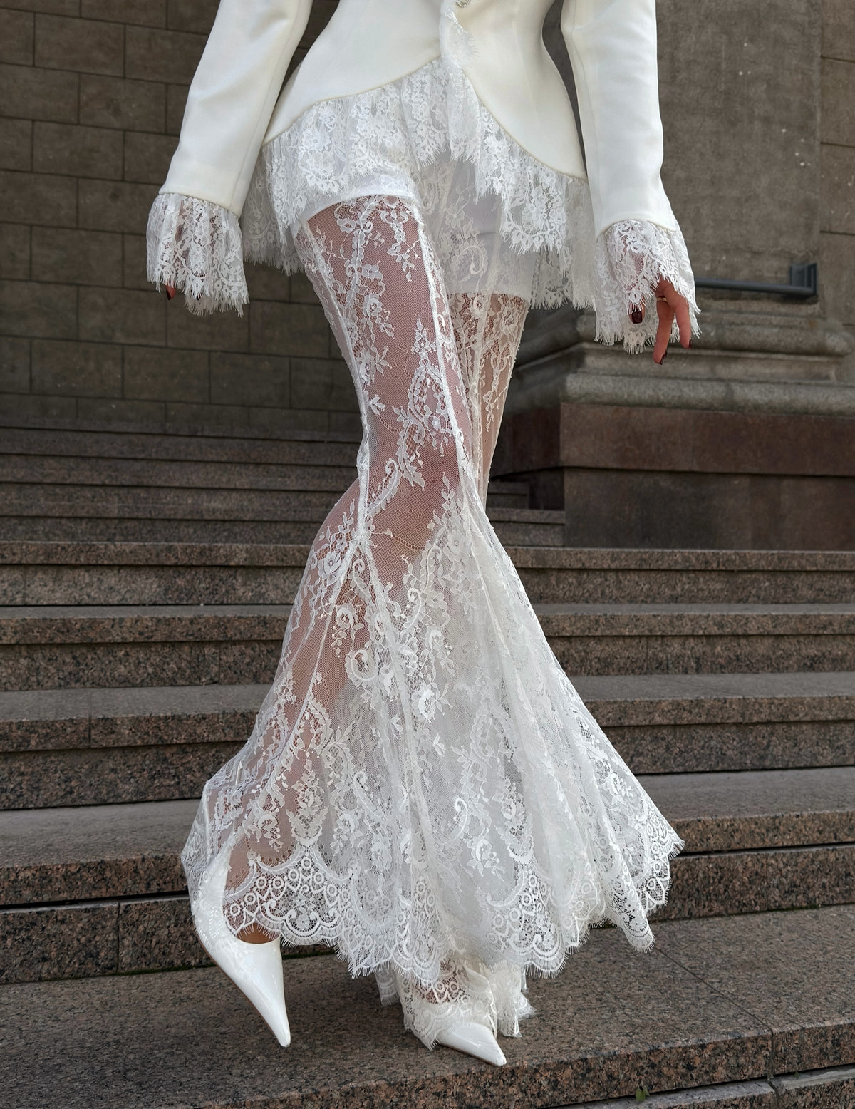 V-Neck Fitted Blazer & Sheer Lace Flare Pants 2 Piece Set