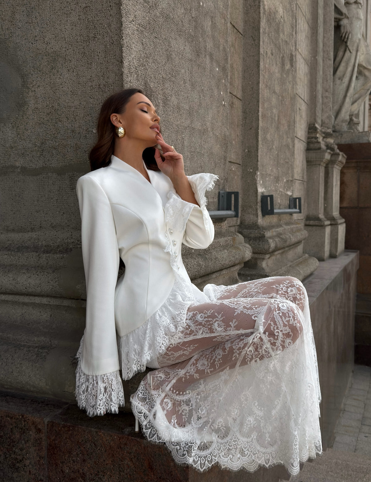 V-Neck Fitted Blazer & Sheer Lace Flare Pants 2 Piece Set