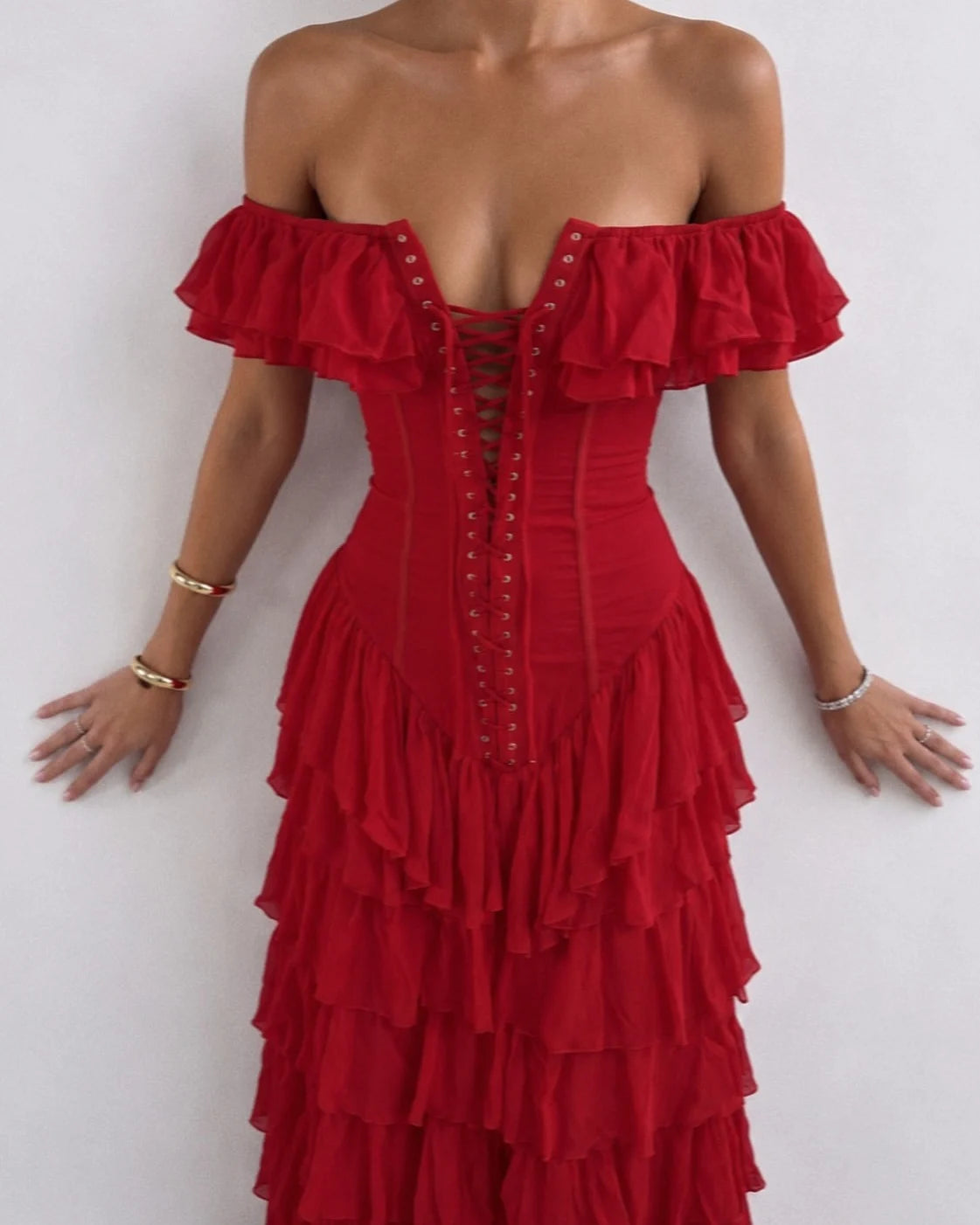 Off-Shoulder Corset Lace-Up Tiered Ruffle Slit Maxi Dress