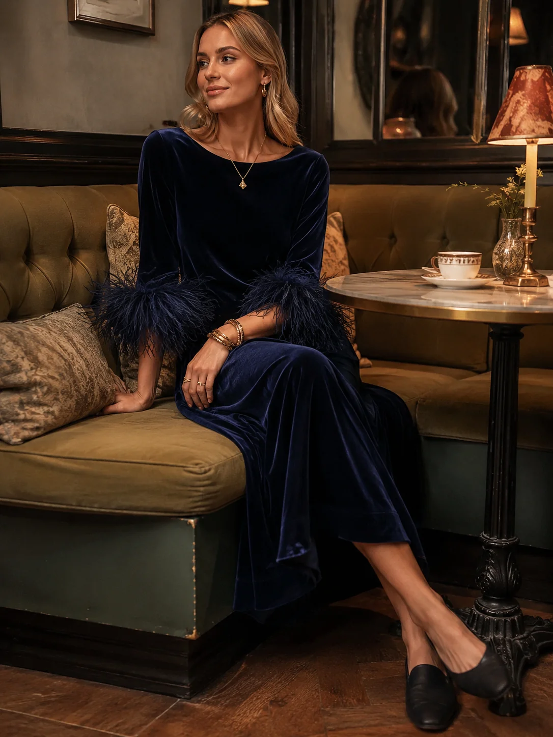 Abito lungo blu navy dal taglio morbido in velluto di lusso vintage, con bordo di piume