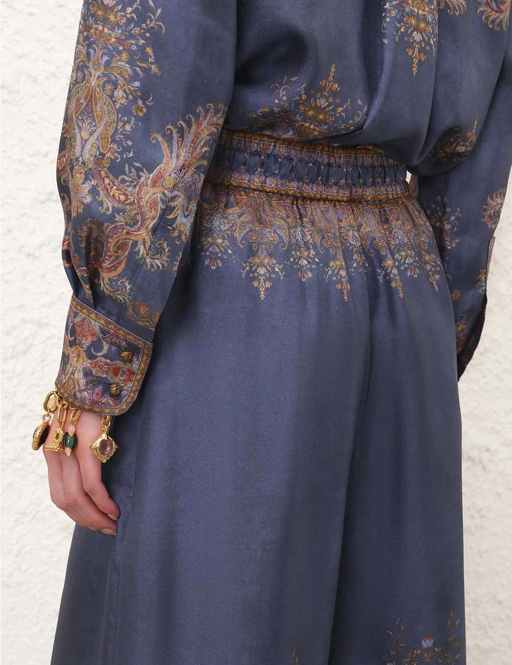 Dusty Blue Paisley Silk Two-Piece Set – Relaxed Button-Down Shirt & Drawstring Wide-Leg Pants Co-ord