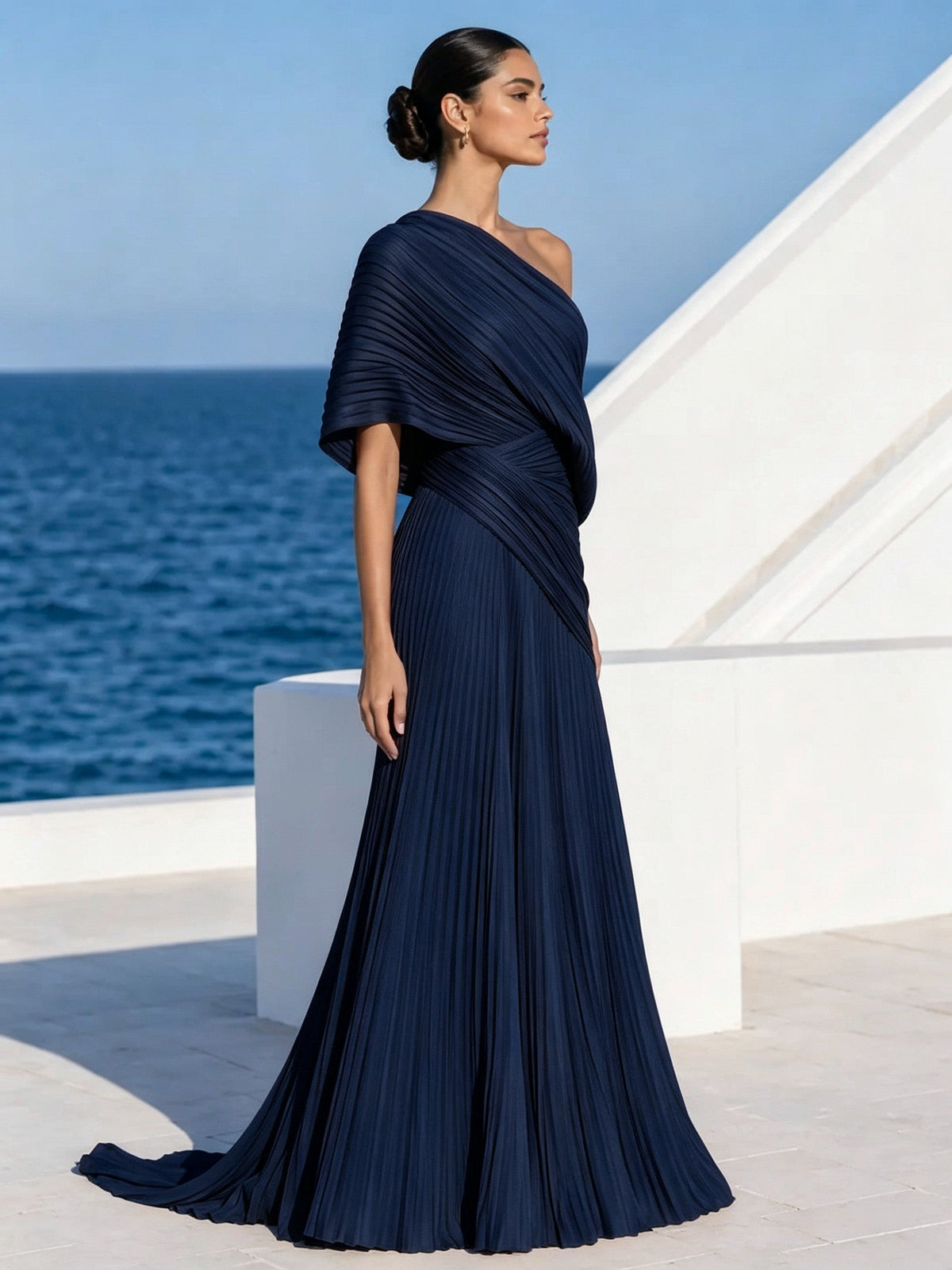 Vestido largo plisado naranja vibrante de un solo hombro – vestido de estilo griego