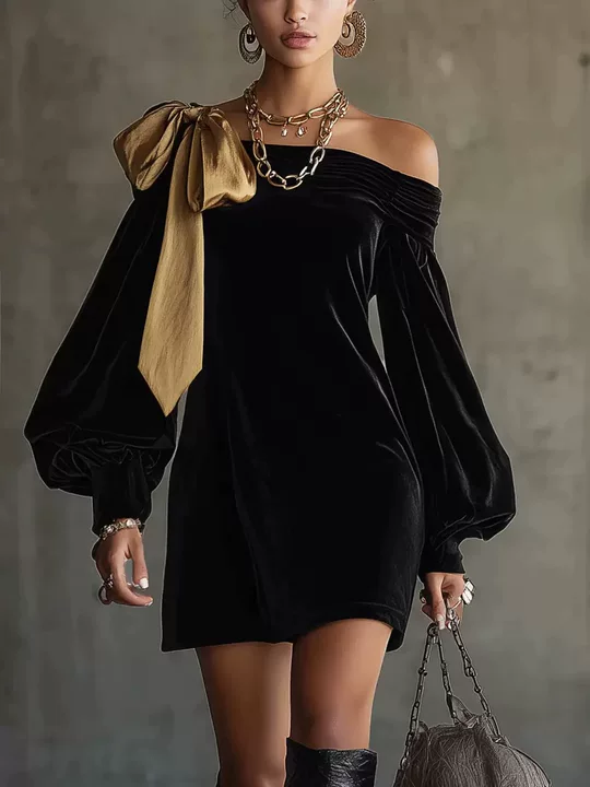 Black Velvet Off‑Shoulder Mini Dress Lantern Long Sleeve Contrast Gold Bow Party Dress