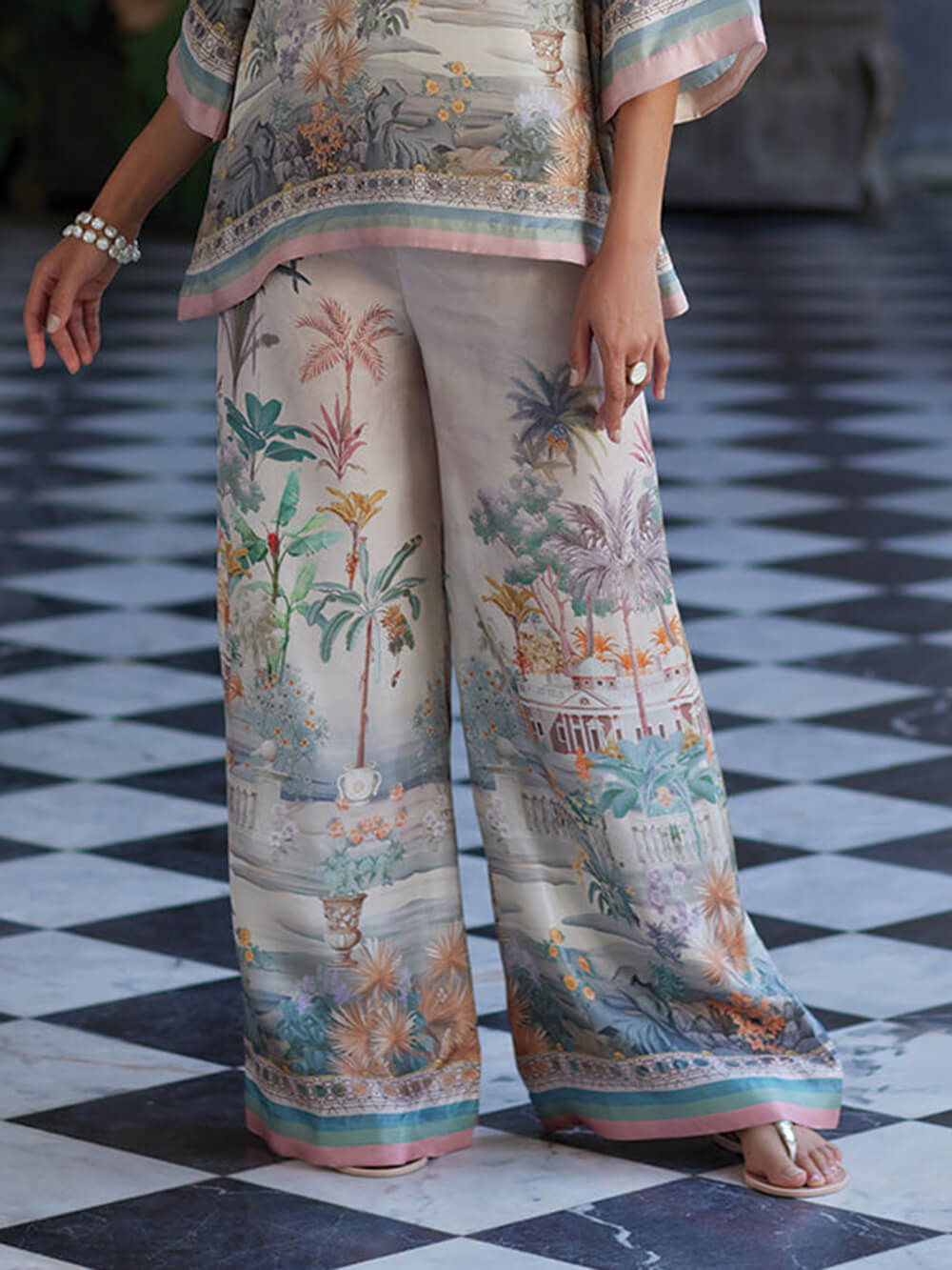 Playful Elegance Digital Print Loose Elastic Waist Wide Leg Pants