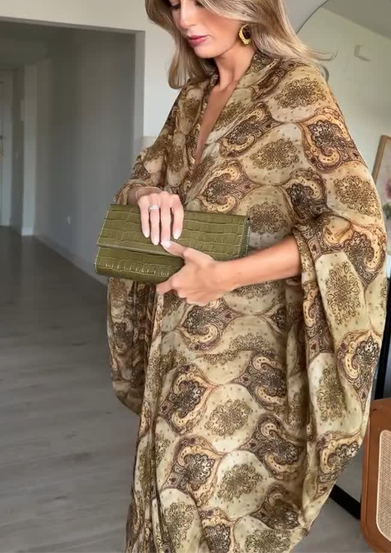 Kaftan V-Neck Batwing Sleeve Printed Maxi Dress