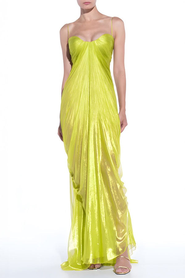 Lime Green Pleated Strapless Maxi Dress – Sweetheart Neck Mermaid Gown With Train