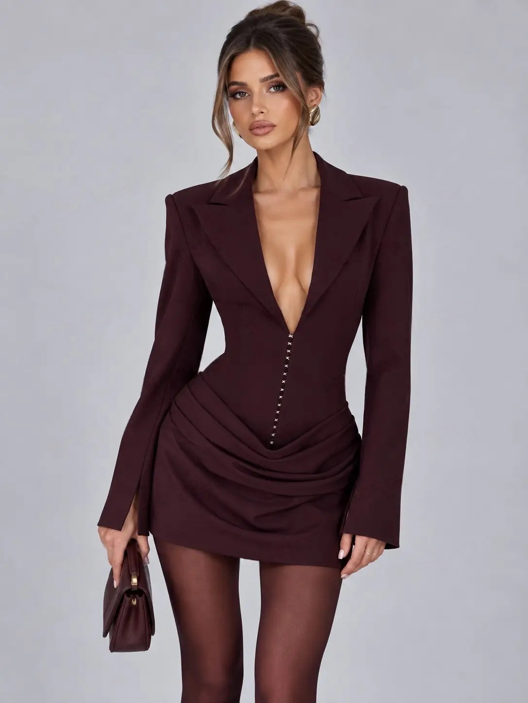 Deep V-Neck Hook-Eye Blazer Mini Dress|