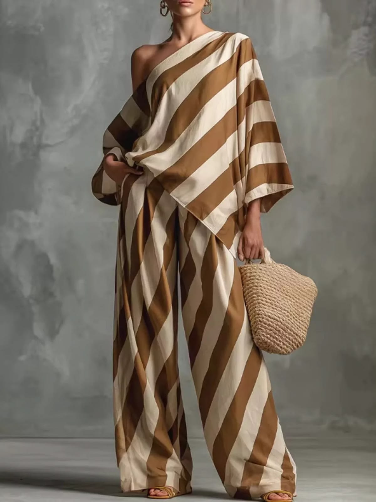 Diagonal Stripe One Shoulder Top Wide Leg Pants Set