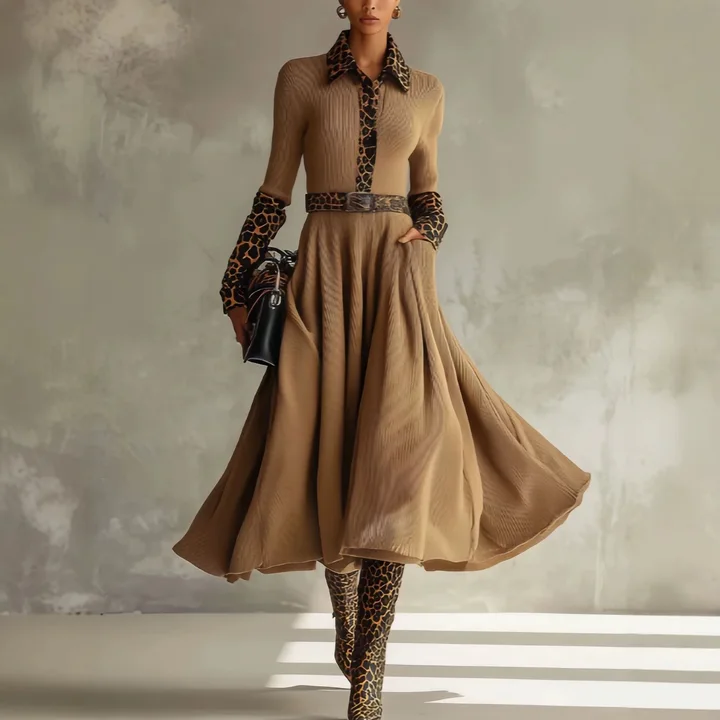 Camel Knit Midi Shirt Dress Leopard Print Contrast Collar Cuff Belted A‑Line Swing Dress