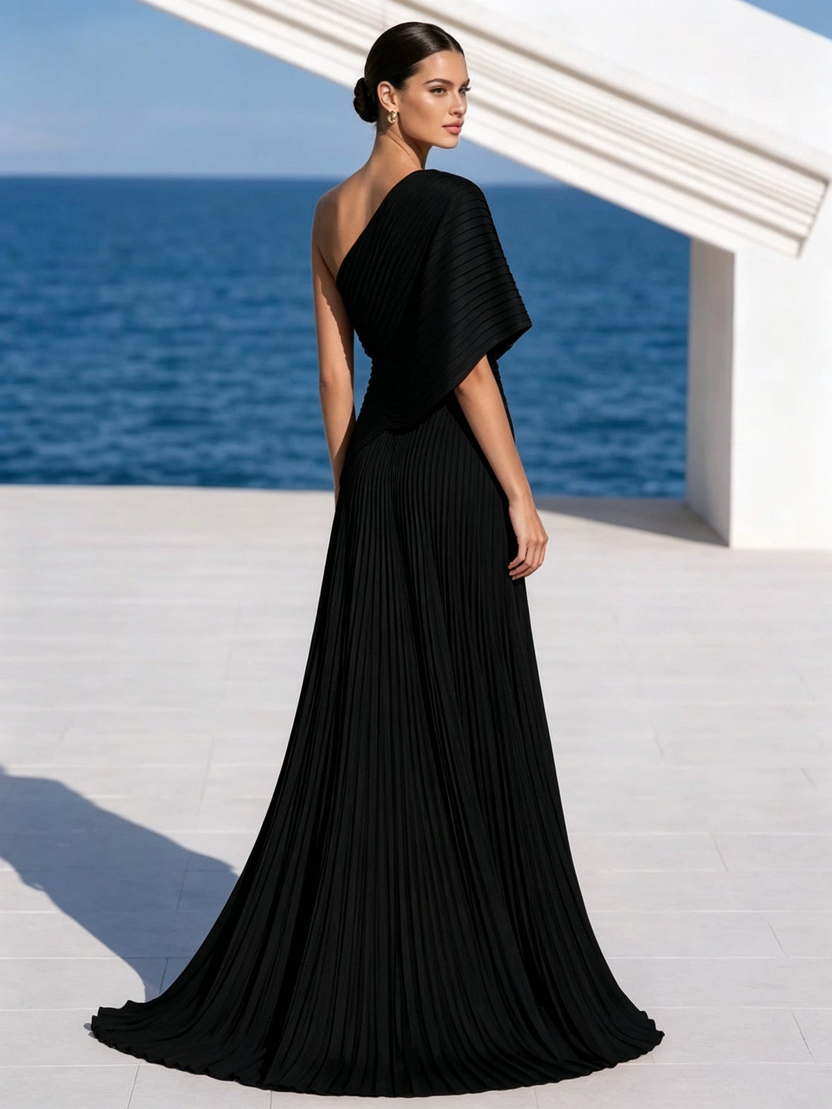 Vestido largo plisado naranja vibrante de un solo hombro – vestido de estilo griego