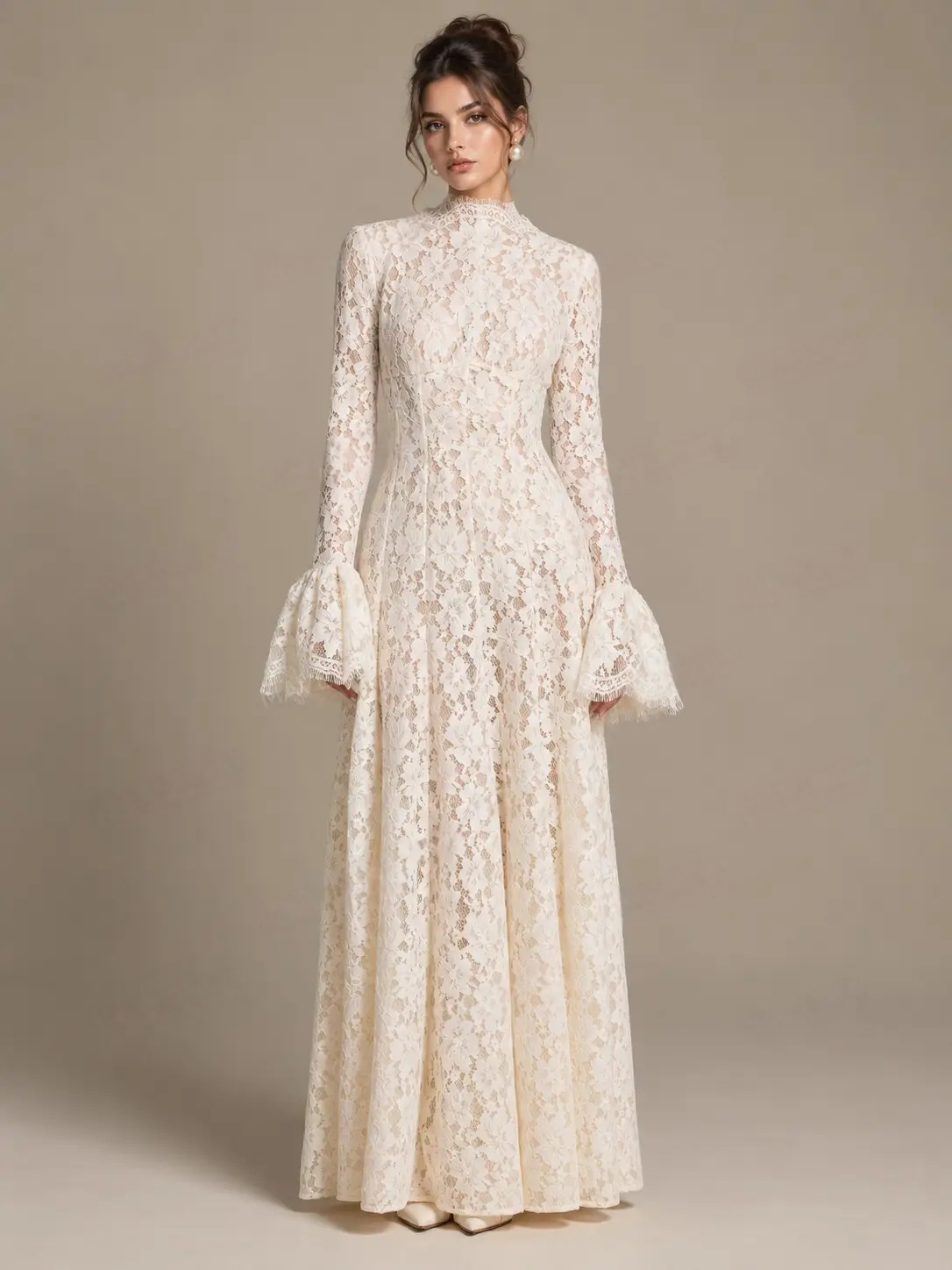 High Collar Bell Sleeve Lace Maxi Dress