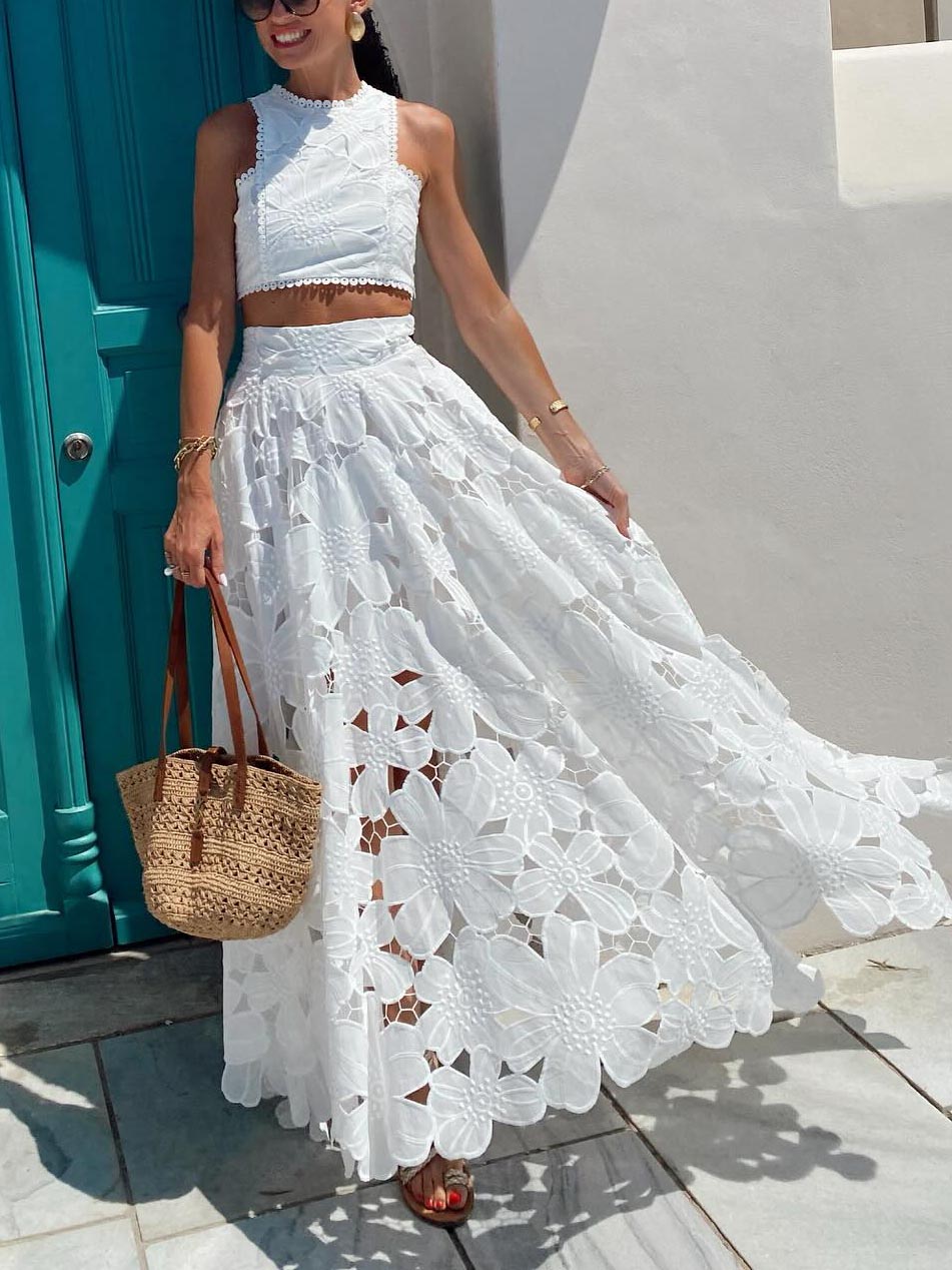 Gonna lunga elegante in pizzo floreale traforato