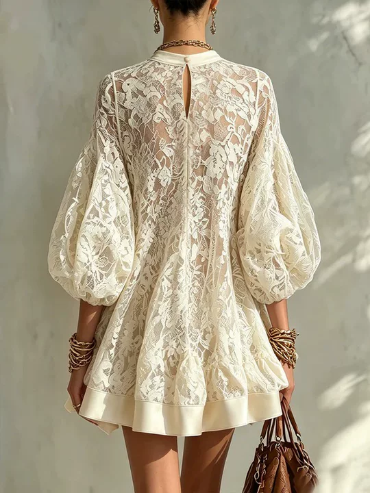 Cream Lace Mini Dress Mock Neck Puff Lantern Sleeve Loose Oversized Boho Cover‑Up Dress