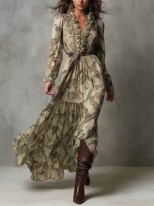 Vintage Animal Print Maxi Dress Ruffle V‑Neck Long Sleeve Belted Tiered Flowy Boho Dress