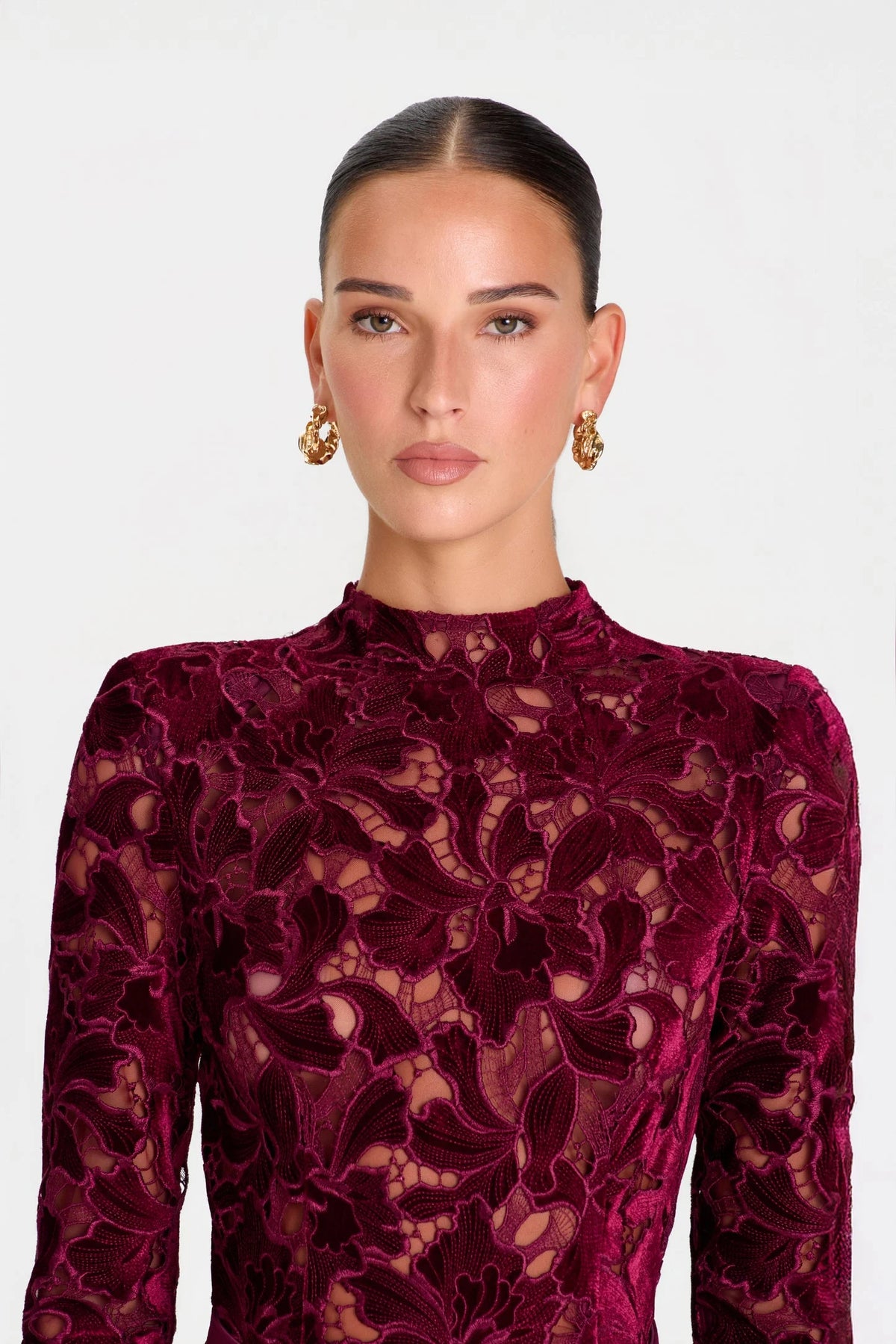 Burgundy Lace Mock Neck Long Sleeve Belted Flared Leg Jumpsuit
