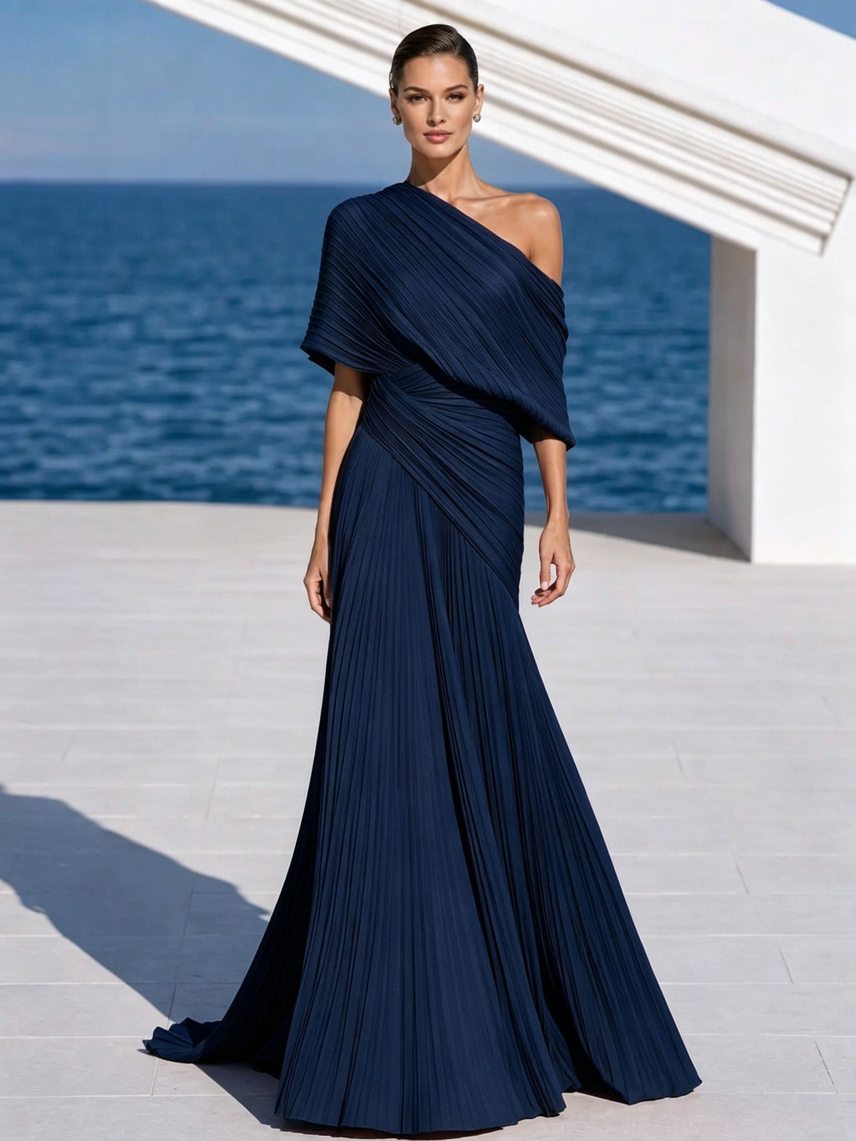 Vestido largo plisado naranja vibrante de un solo hombro – vestido de estilo griego