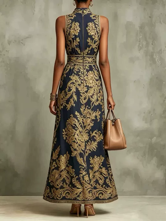 Vestido de noite maxi azul-marinho com estampado barroco dourado, de atar ao pescoço e sem mangas