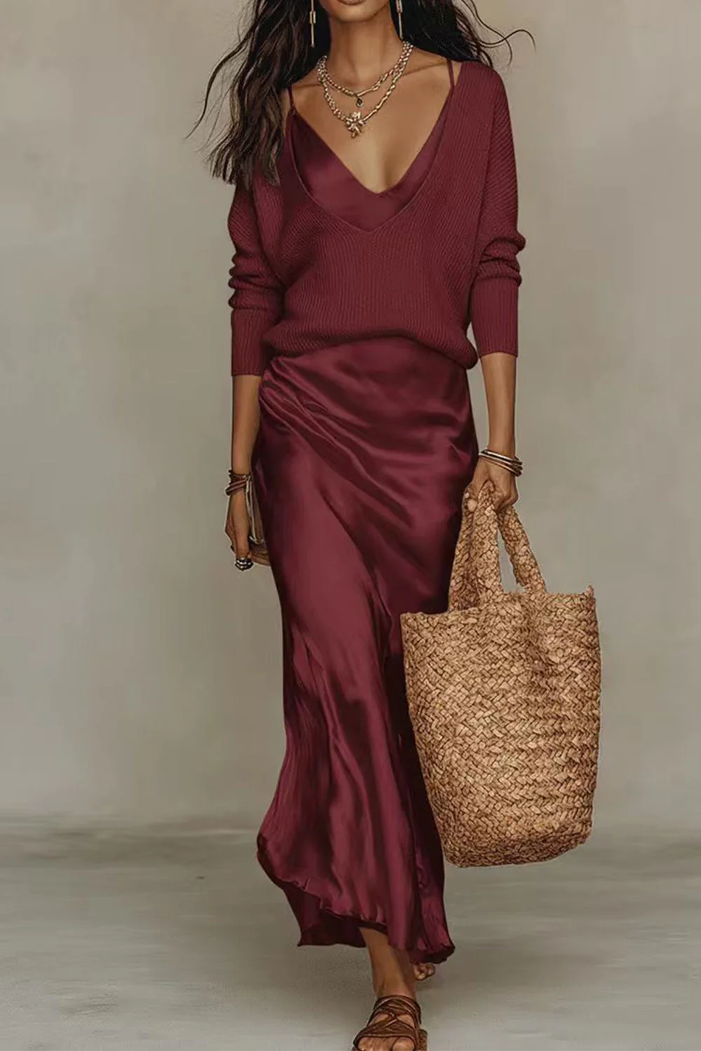 Elegante conjunto de dos piezas con suéter de punto con cuello en V y vestido lencero de satén