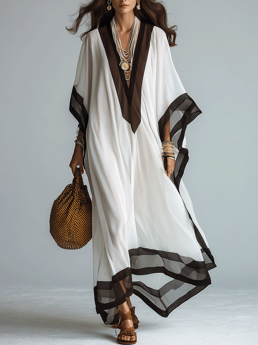 Elegantes weißes Kaftan-Maxikleid aus Chiffon mit kontrastierenden Abschlüssen und V-Ausschnitt im Resort-Stil