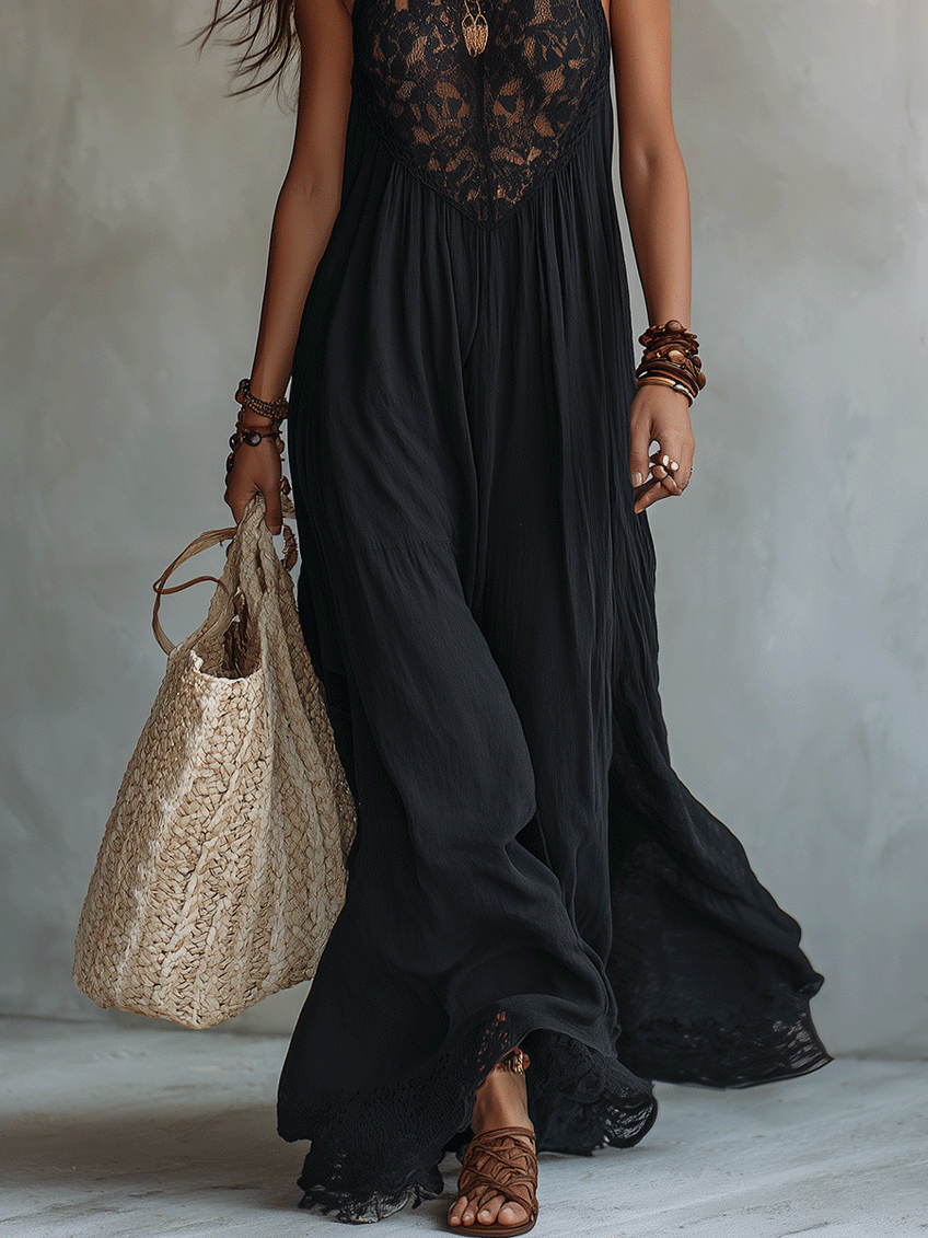 Vestido maxi elegante e boémio de noite, sem mangas, com drapeado suave e design marcante