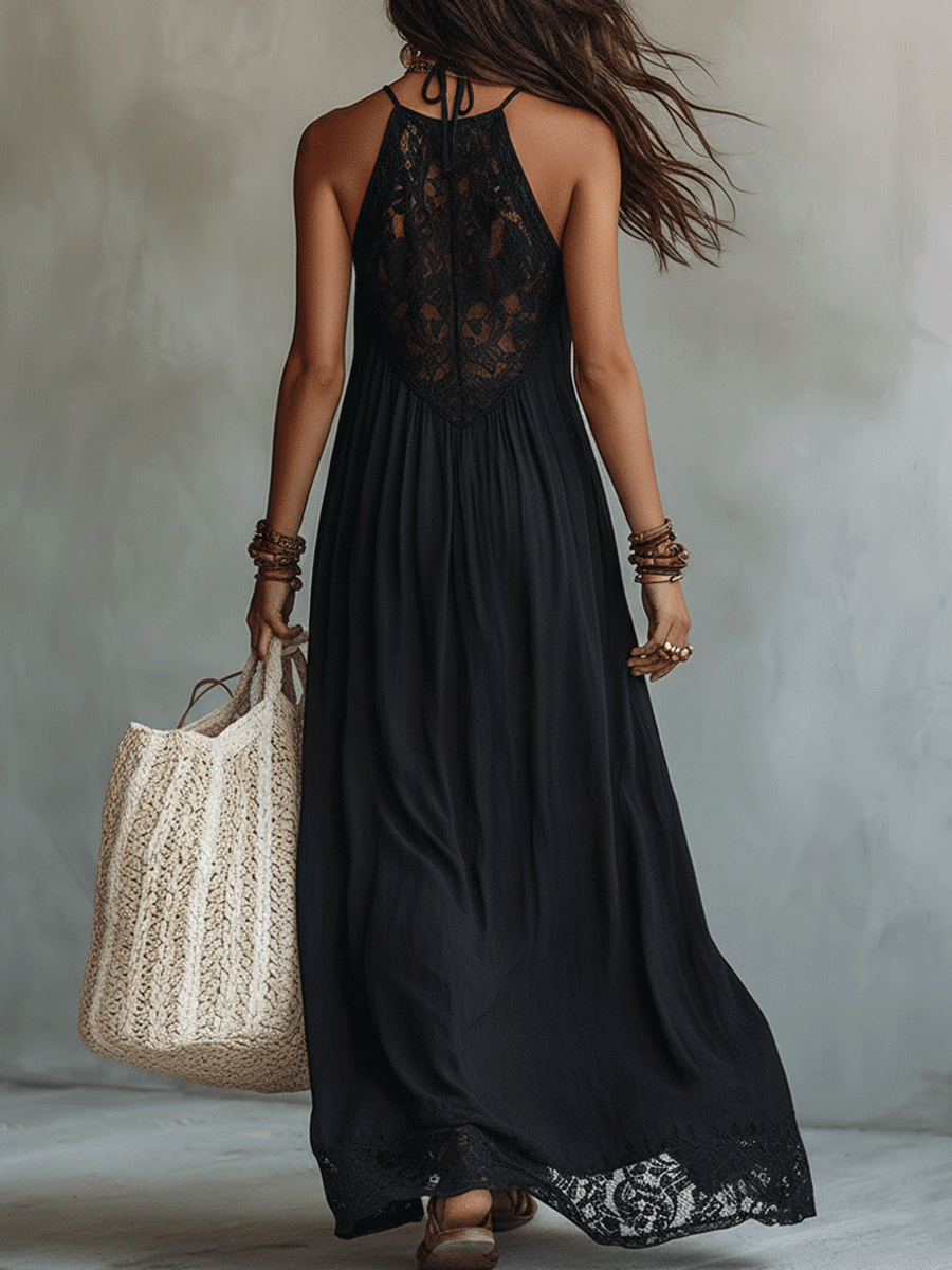 Vestido maxi elegante e boémio de noite, sem mangas, com drapeado suave e design marcante