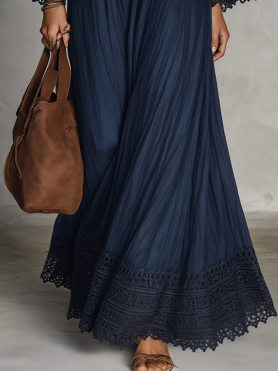 Maxivestido bohemio con ribete de encaje y mangas acampanadas