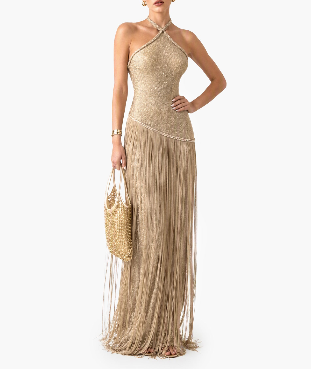 Abito lungo glamour dorato con scollo all’americana e frange