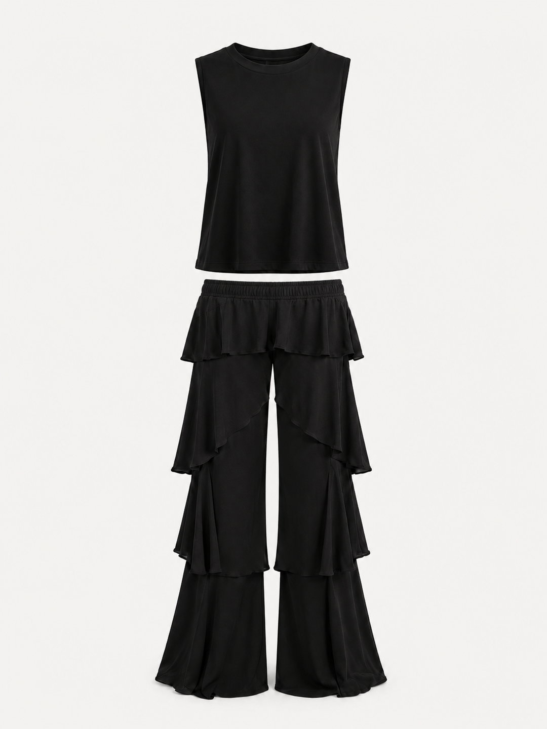 Schwarzes Crop-Top mit Knotendetail vorn & Hose mit weiten Beinen und Volants als Set