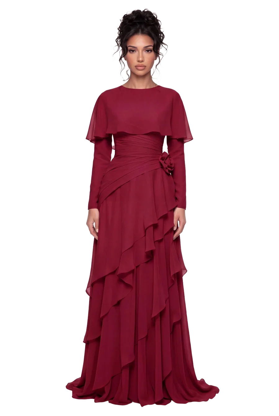 Maxiabendkleid aus pinkfarbenem Chiffon mit Capeärmeln, Volants, Raffungen an der Taille