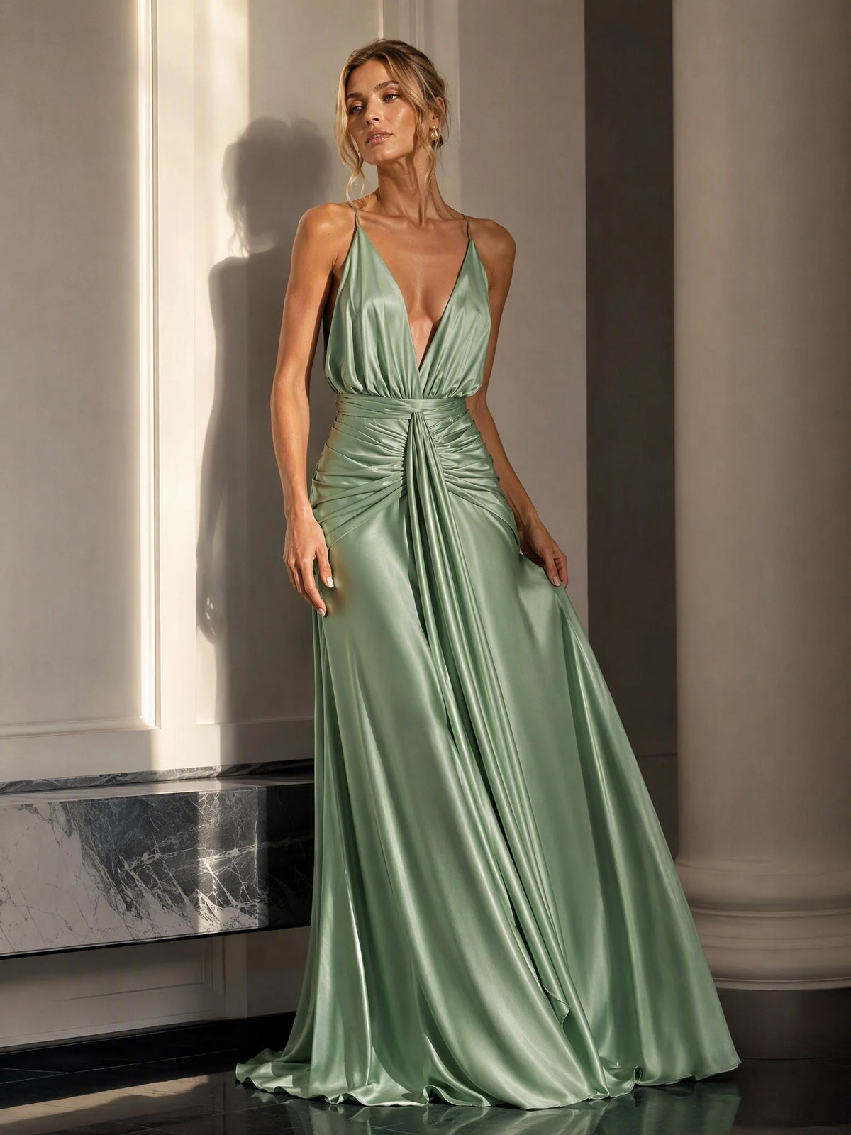 Sage Green Satin Deep V-Neck Ruched Maxi Gown