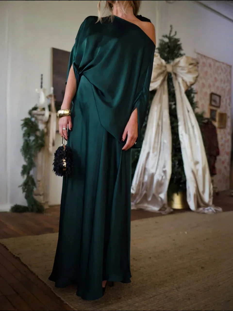 Emerald Green Satin One-Shoulder Top Draped Asymmetrical Set Skirt