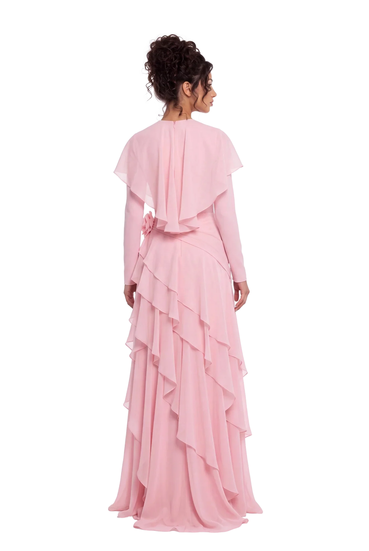 Pink Chiffon Cape Sleeve Tiered Ruffle Ruched Waist Maxi Evening Dress