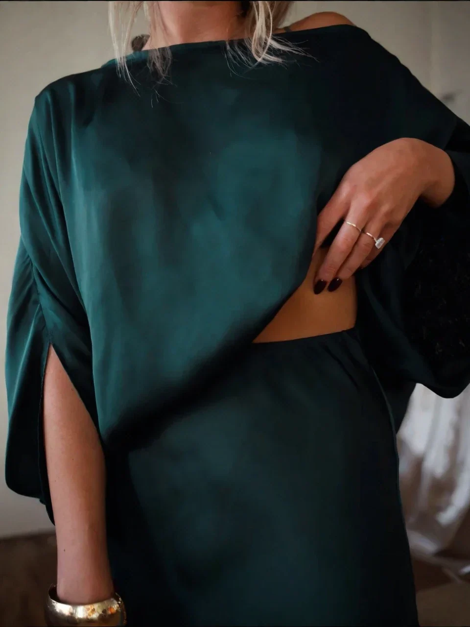 Emerald Green Satin One-Shoulder Top Draped Asymmetrical Set Skirt