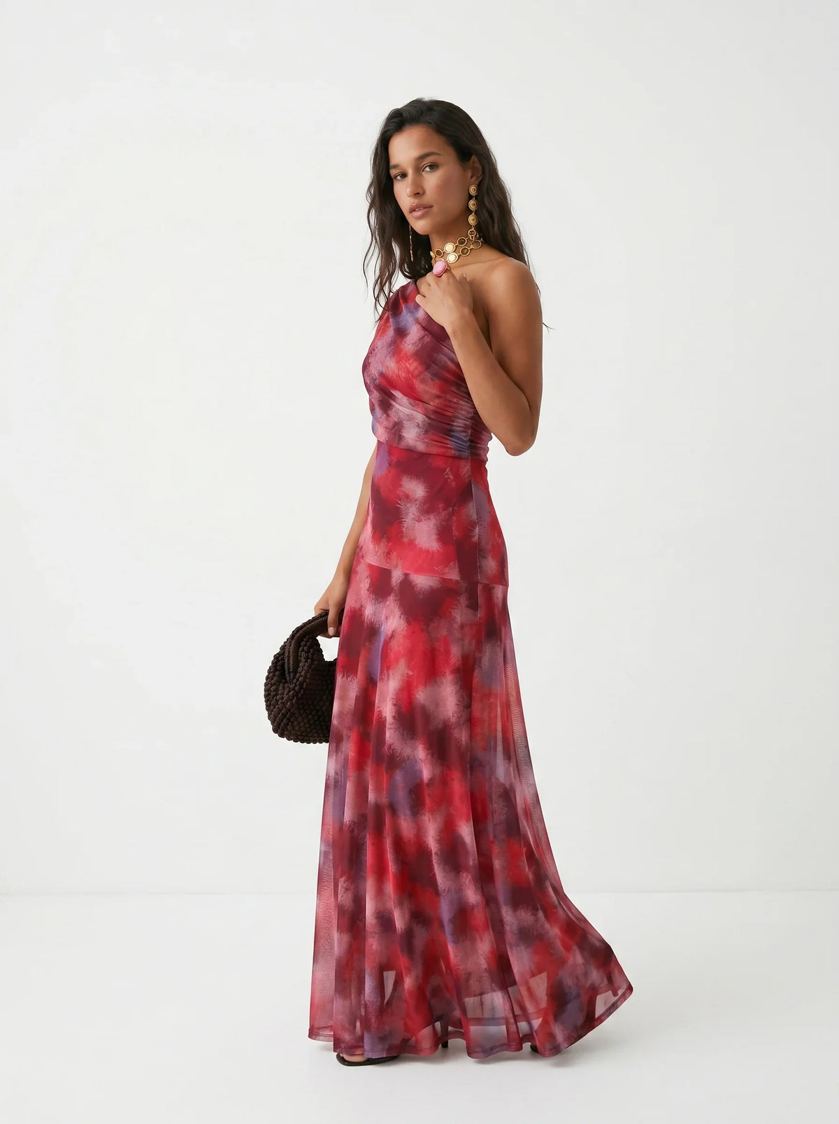 Robe longue pour femme à une épaule, en maille drapée à imprimé abstrait