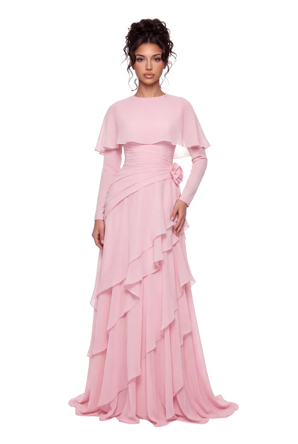 Pink Chiffon Cape Sleeve Tiered Ruffle Ruched Waist Maxi Evening Dress