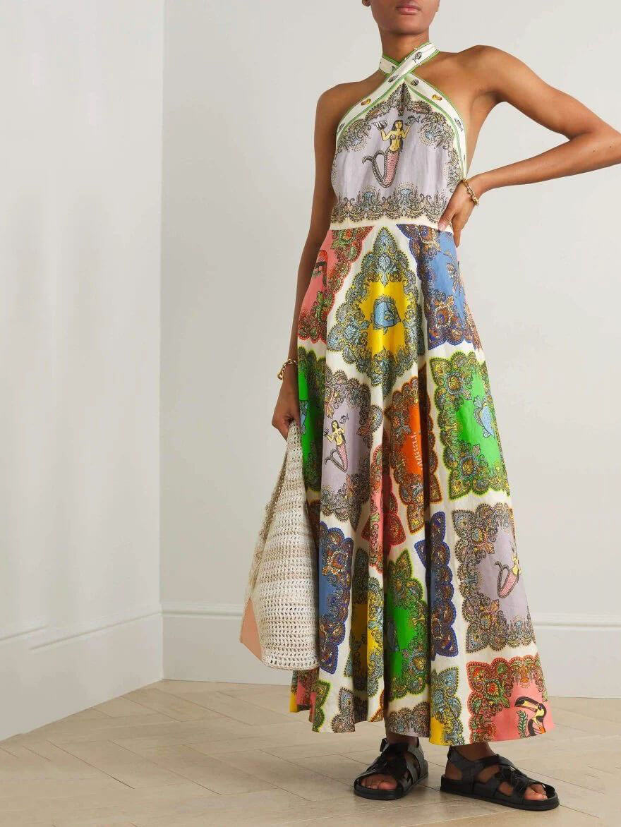 Vestido midi em cetim com padrão floral paisley